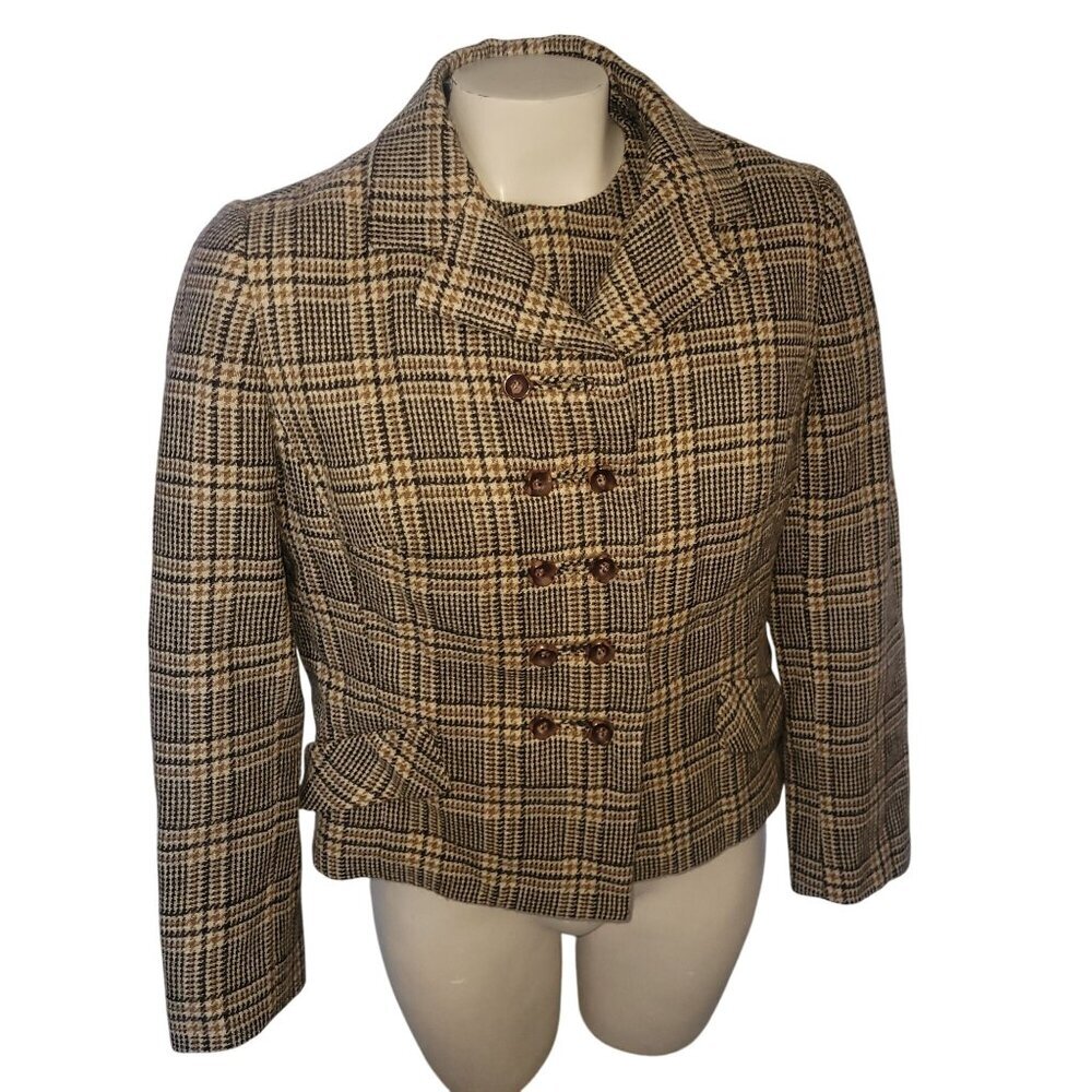 Vintage Plaid Wool Two-Piece Jacket Sleeveless Top Brown/Beige Checkered Women S
